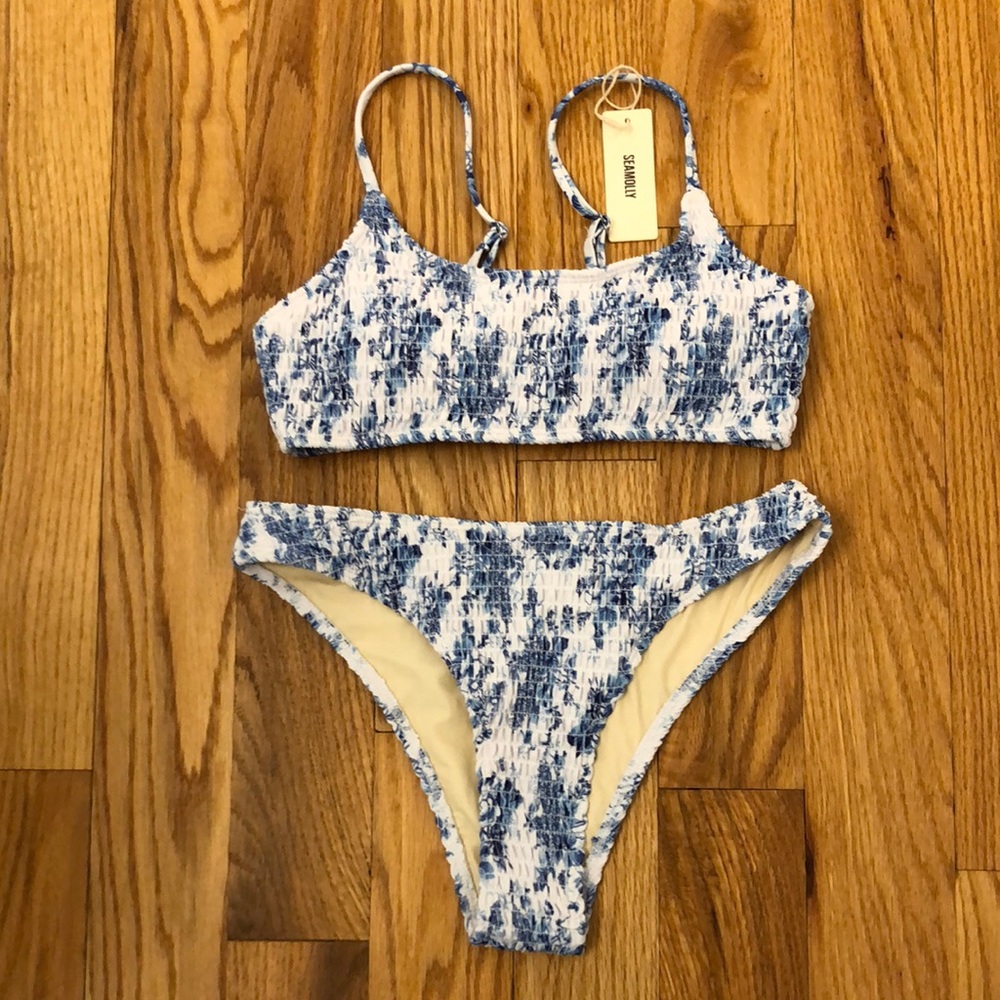 NWT Seamolly Vintage Blue Floral Shirred Smocked Tank Cheeky Bikini Set Size S